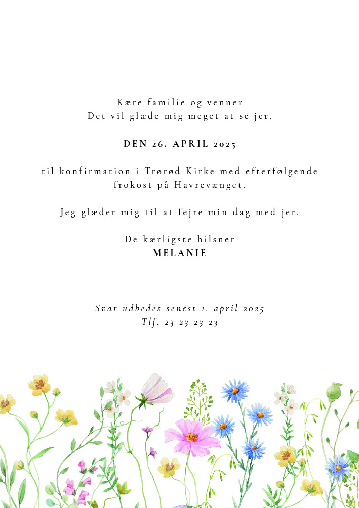 
                Melanie Konfirmationer et smukt konfirmationsdesign med forskellige blomster i sarte farver. Til designet kommer også matchende elementer i form af velkomstskilt, salmehæfte, bordoversigt, menukort, bordkort, drinkskort, takkekort mm. således I kan skabe en rød tråd for dagen.                